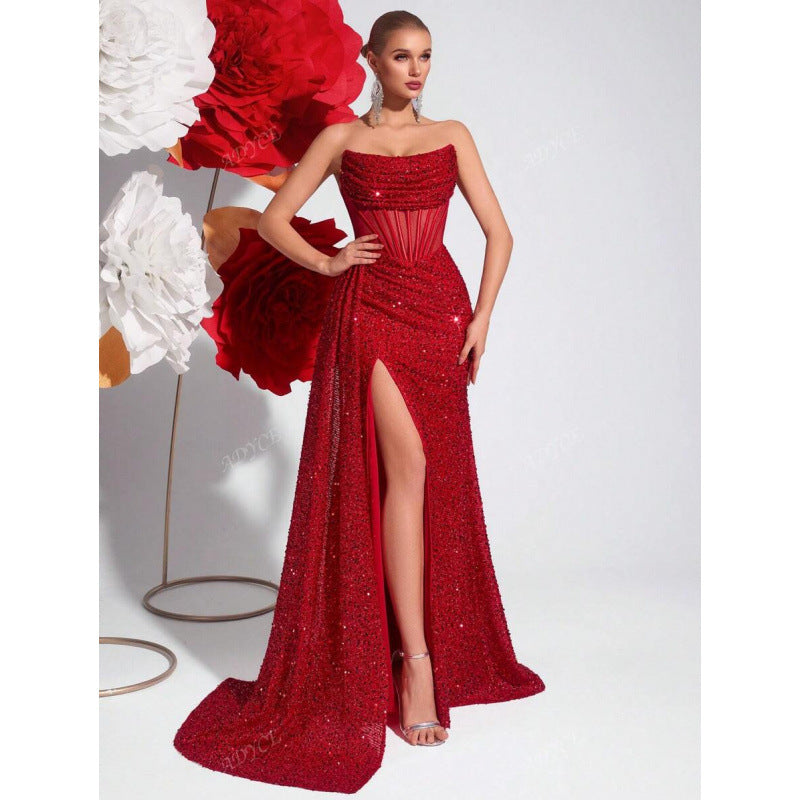 Luvéra Damen schulterfreies ausgehöhltes Fischgräten-Plisseekleid