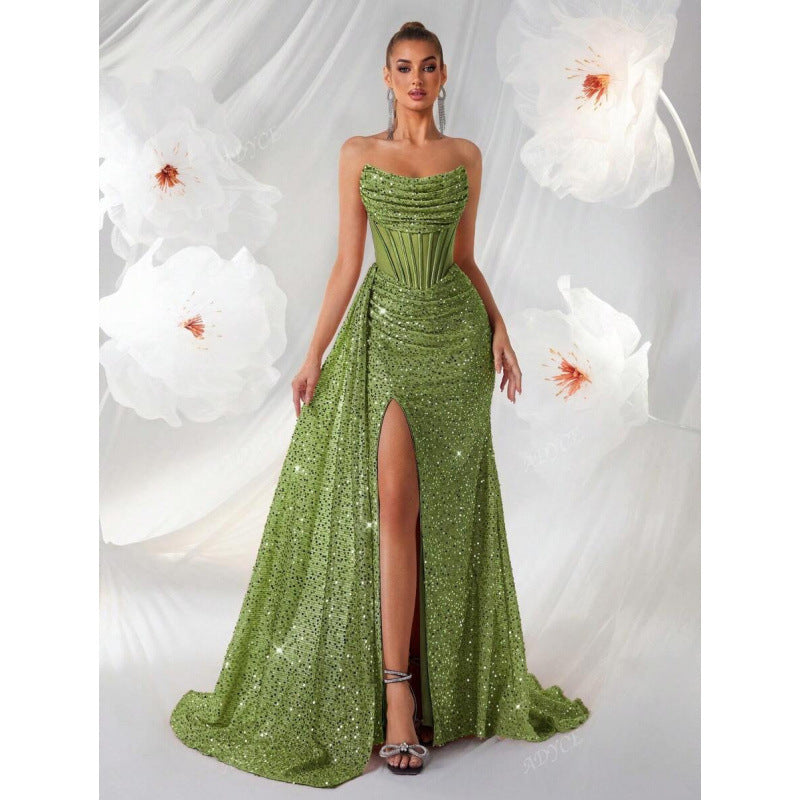 Luvéra Damen schulterfreies ausgehöhltes Fischgräten-Plisseekleid