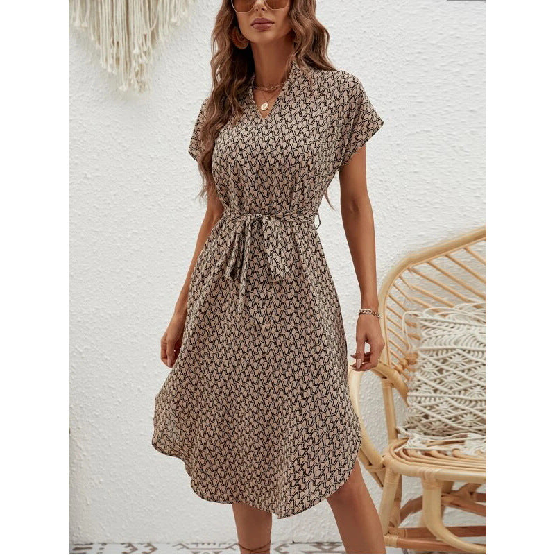 Luvéra Mode bedrucktes Taillenkontrollärmel V-Ausschnitt Slim Kleid