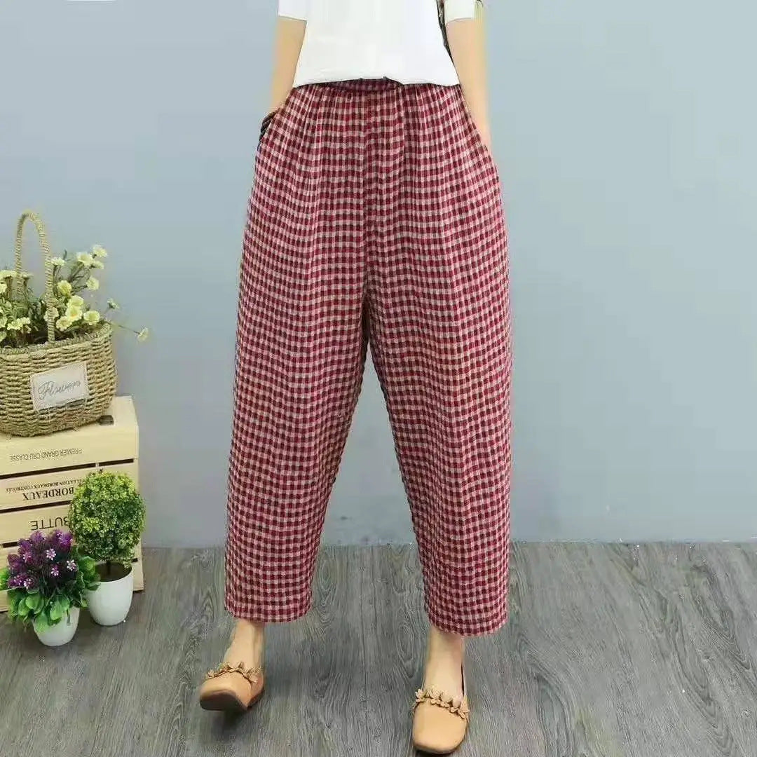 Luvéra Baumwolle Und Leinen Hohe Taille Harem Knöchel-Länge Baggy Hosen Künstlerische Plaid Lose Baggy Hosen Frauen