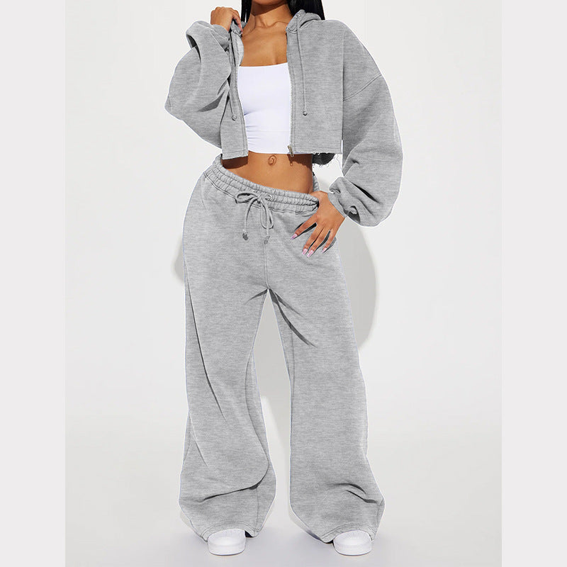 Luvéra Kapuze vorne Strickjacke Reißverschluss Pullover Breites Bein Lose Hose Anzug