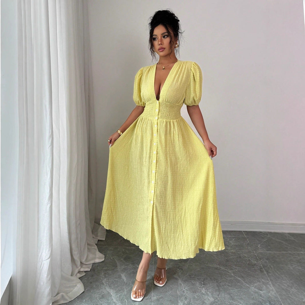 Luvéra Elegantes V-Ausschnitt Midikleid mit Puffärmeln stilvolles Damenkleid in A Linie