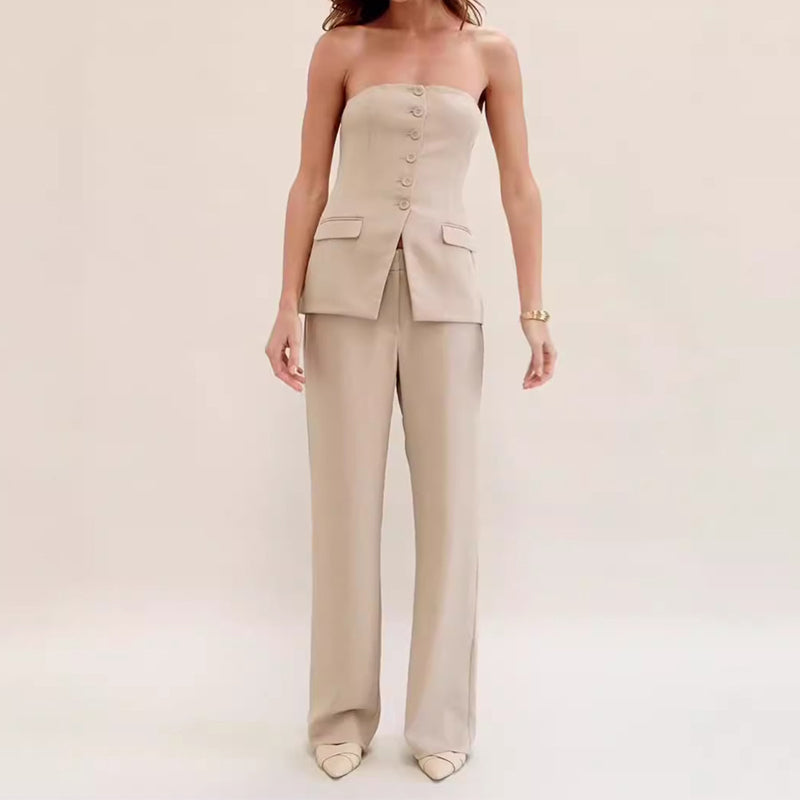 Luvéra Graceful Tube Top Anzug Mode Knopf Ärmellose Top Und Gerade Hosen Frauen Hosen Set