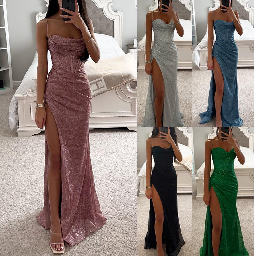 Luvéra Split Hosenträger Kleid Mode Abend Party Schlanke V-ausschnitt Lange Kleider Sommer Kleidung Für Frauen