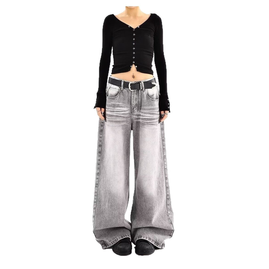 Luvéra Bestickte Hohe Taille Breites Bein Denim Jeans Für Frauen Vintage Gerade Bein Hosen