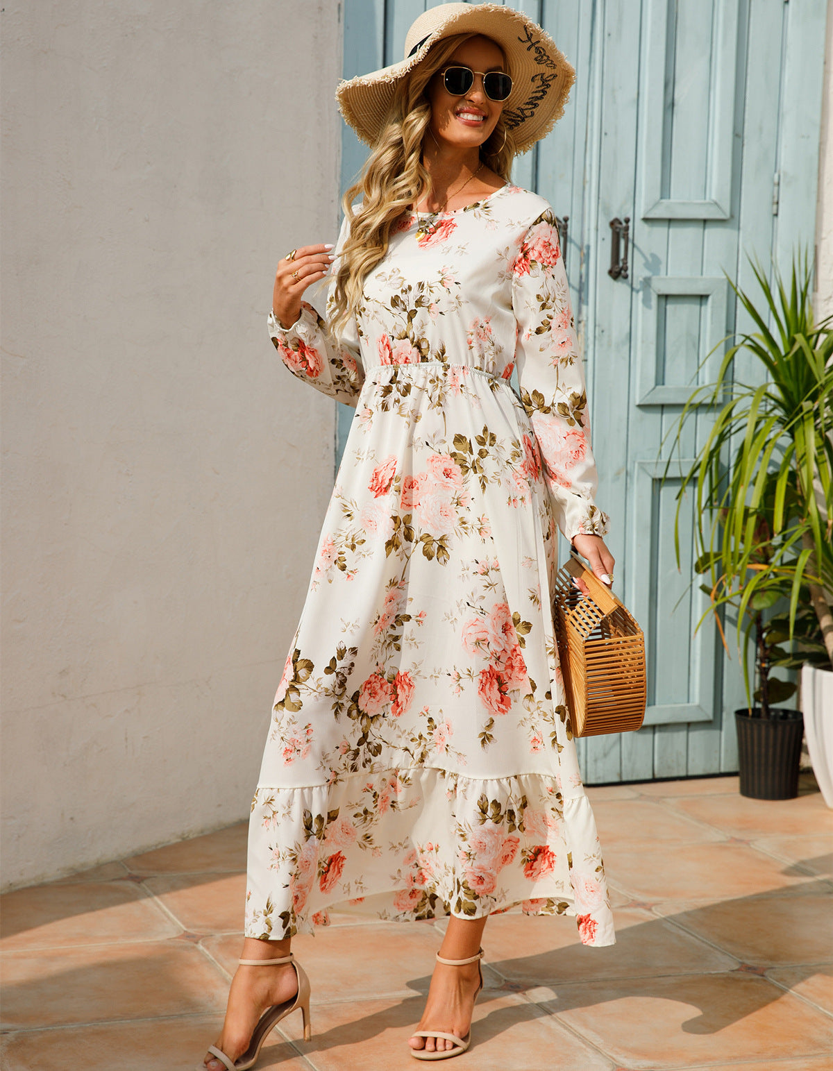Luvéra Damen vielseitiges Blumen-Chiffon-Kleid mit Rundhalsausschnitt