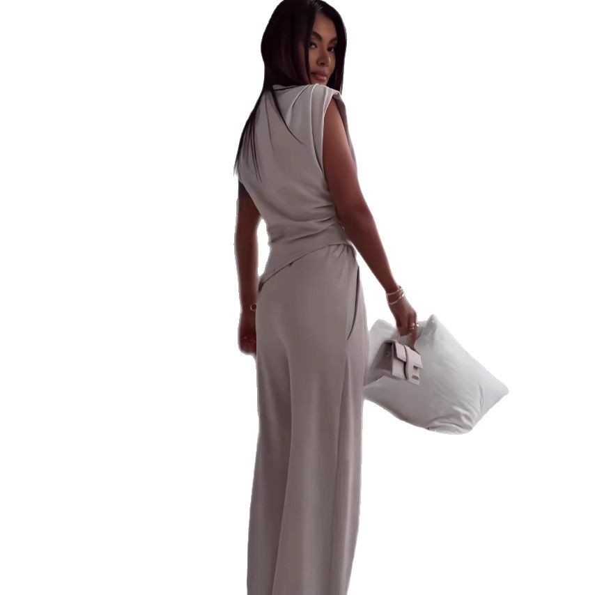 Luvéra Damen Ärmelloser Anzug Mode Schlank Unregelmäßiges Split Top Und Gerade Hosen Solide Hosen Set