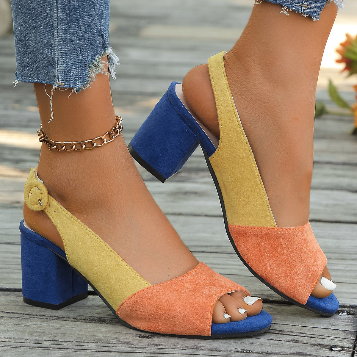 Luvéra Damen bunte Block-Heel-Sandalen mit runder Zehen