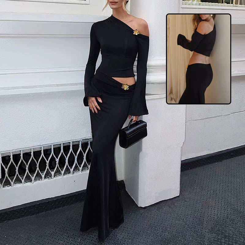 Luvéra Schlanke Schräge Schulter Rock Anzug Mit Blume Mode Glocke Ärmel Langarm Top Und Hohe Taille Lange Rock Frauen Kleidung