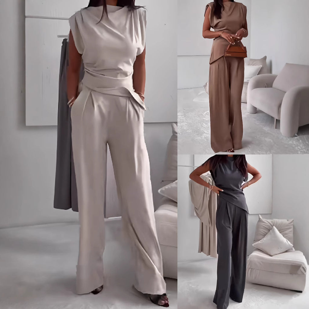 Luvéra Damen Ärmelloser Anzug Mode Schlank Unregelmäßiges Split Top Und Gerade Hosen Solide Hosen Set