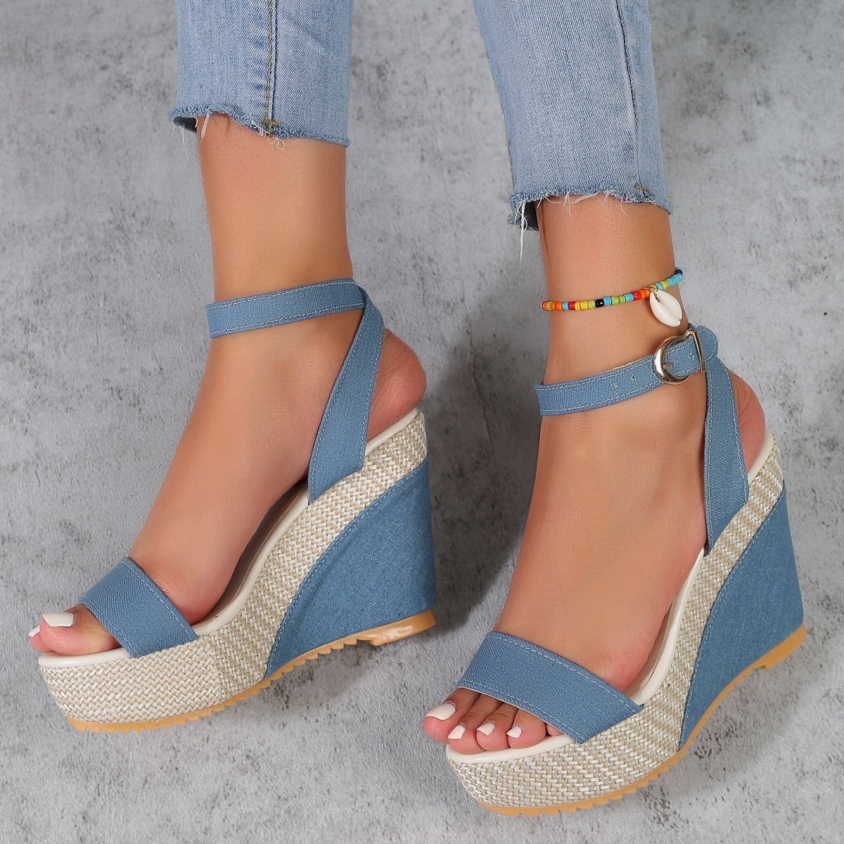Luvéra High Heel Denim Stoff Knöchelriemen Sandalen Frauen
