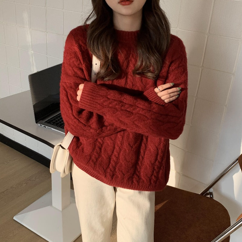 Luvéra Damen Roter Twisted Cable-Knit Pullover Für Frauen