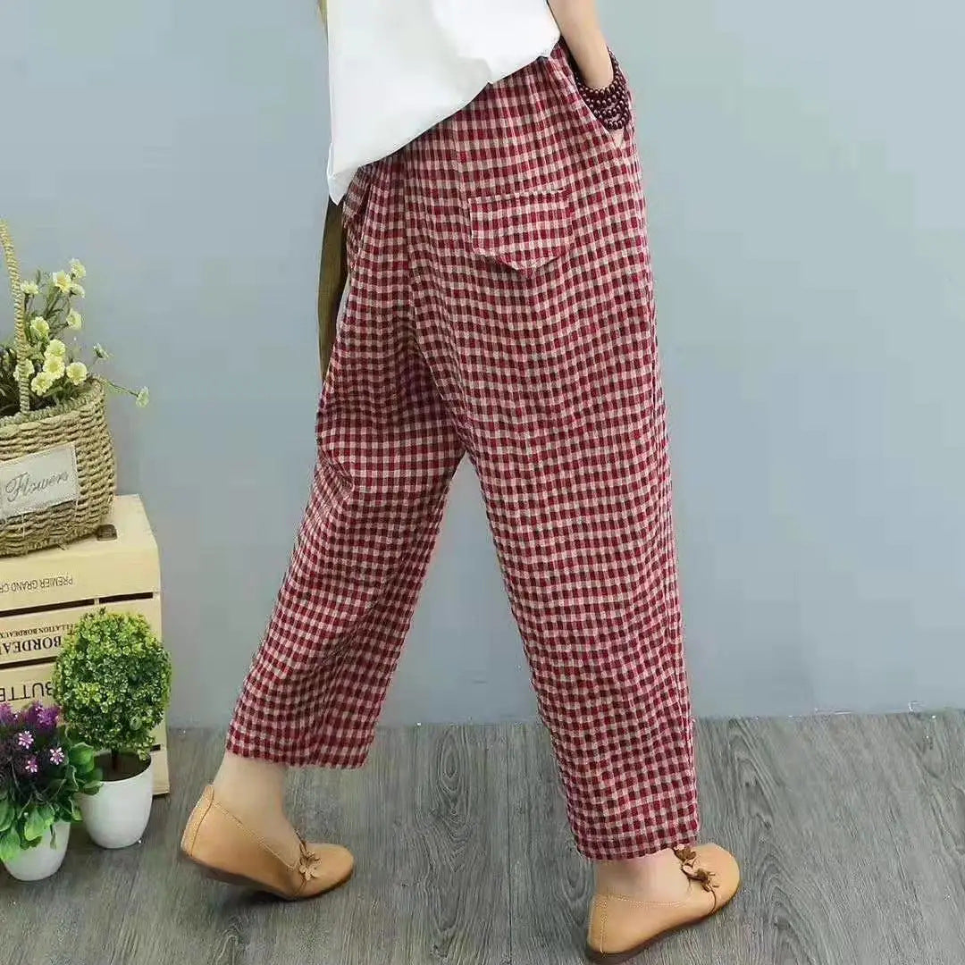 Luvéra Baumwolle Und Leinen Hohe Taille Harem Knöchel-Länge Baggy Hosen Künstlerische Plaid Lose Baggy Hosen Frauen