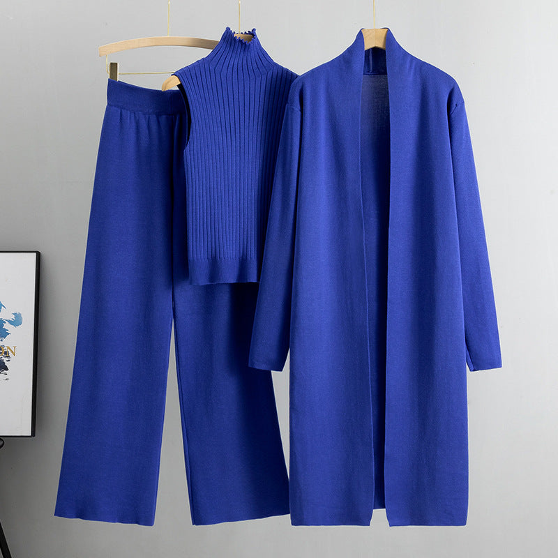Luvéra 3 Stück Anzüge Frauen Mode Stricken Ärmellose Weste Pullover Lange Strickjacke Und Breite Bein Hosen Drei-Stück Set