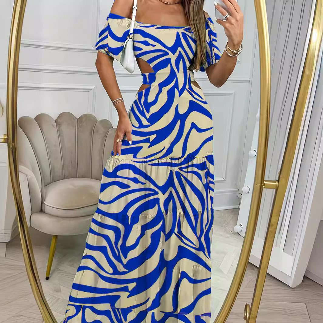 Luvéra Bedruckt Ein-Linie Kragen Kurzarm Langes Kleid Mit Hohler Taille Design Kleider Für Frauen Kleidung