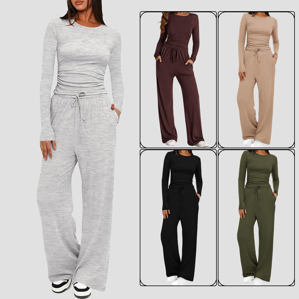 Luvéra 2 Stück frauen Anzug Herbst Winter Langarm Tops Hohe Taille Breite Bein Hosen Sportswear Weibliche Kleidung Einfarbig Casual Anzug