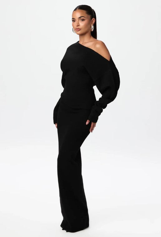 Luvéra Ins Slim Langarm Strickkleid Abendparty Sexy Off-Schulter Bodycon Lange Kleider