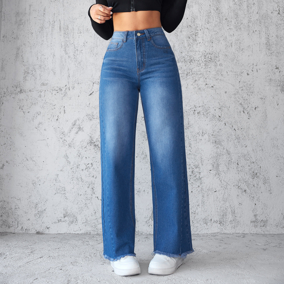 Luvéra Mode Gerade Weitbein Jeans Casual Hohe-taist Nicht-elastische Frauen Kleidung