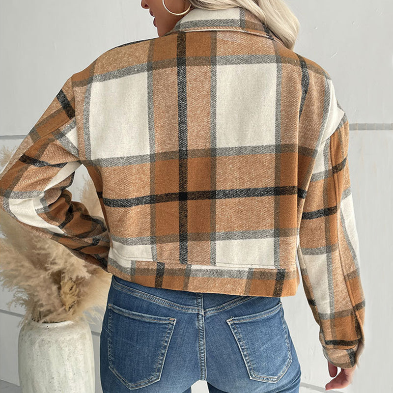 Luvéra Plaid Revers Cropped Jacke Mit Taschen Mode Knopf Langarm Kurze Outwear Tops Mantel Für Frauen Kleidung