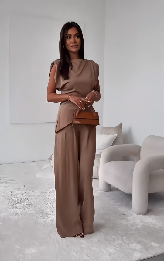 Luvéra Damen Ärmelloser Anzug Mode Schlank Unregelmäßiges Split Top Und Gerade Hosen Solide Hosen Set