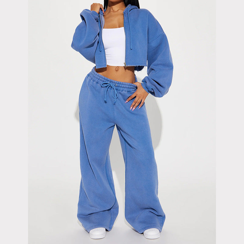 Luvéra Kapuze vorne Strickjacke Reißverschluss Pullover Breites Bein Lose Hose Anzug