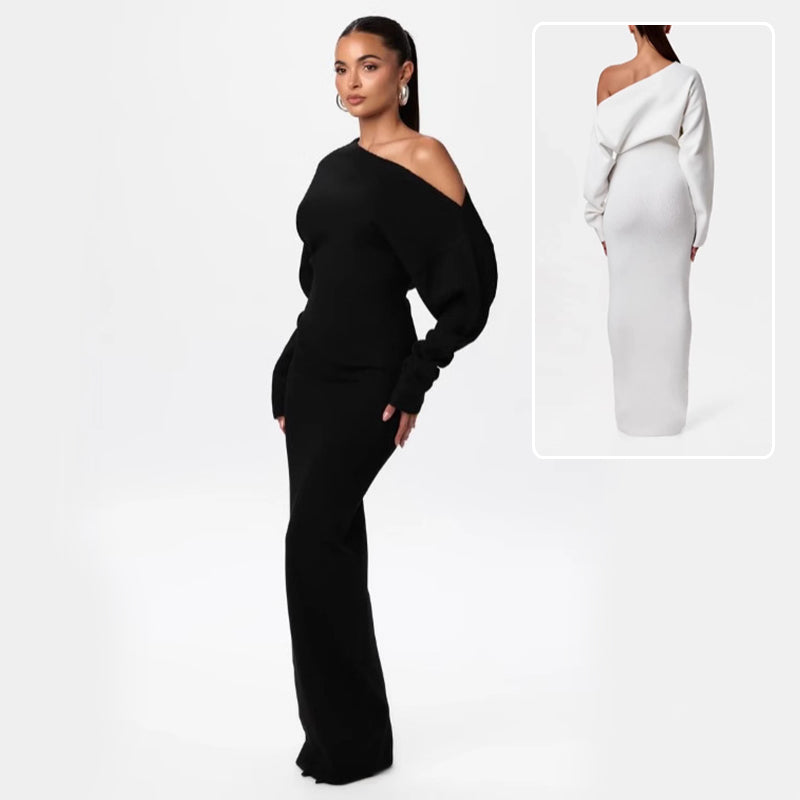 Luvéra Ins Slim Langarm Strickkleid Abendparty Sexy Off-Schulter Bodycon Lange Kleider