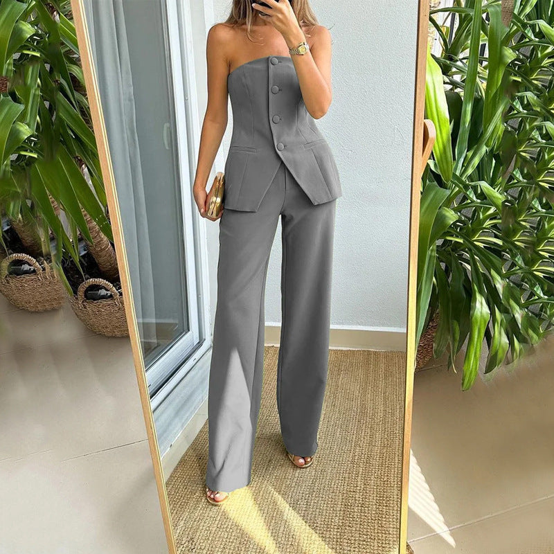 Luvéra Graceful Tube Top Anzug Mode Knopf Ärmellose Top Und Gerade Hosen Frauen Hosen Set