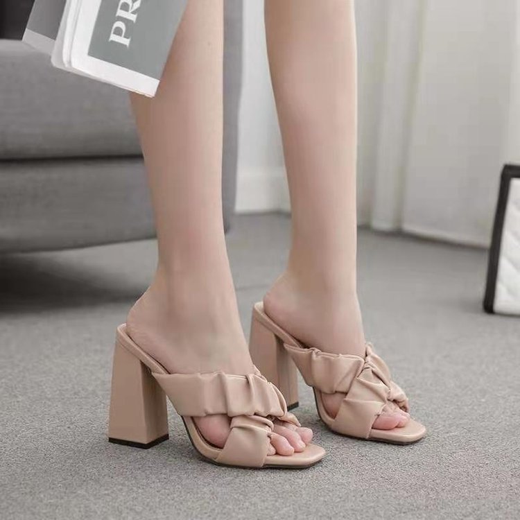 Luvéra Mode Plissee Kreuz Gürtel Dicke Ferse High Heel Große Größe Sandalen Und Frauenschuhe