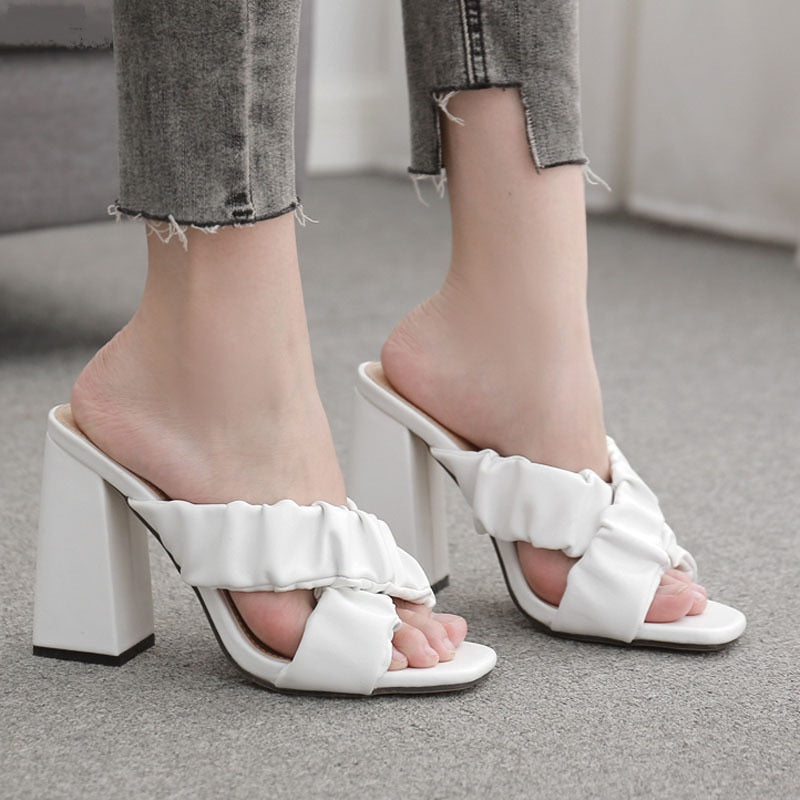 Luvéra Mode Plissee Kreuz Gürtel Dicke Ferse High Heel Große Größe Sandalen Und Frauenschuhe