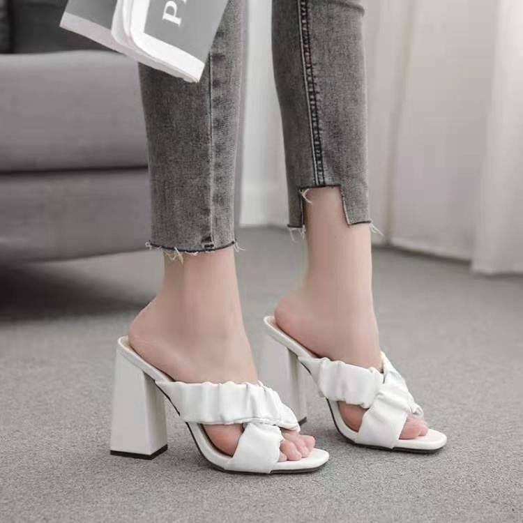 Luvéra Mode Plissee Kreuz Gürtel Dicke Ferse High Heel Große Größe Sandalen Und Frauenschuhe