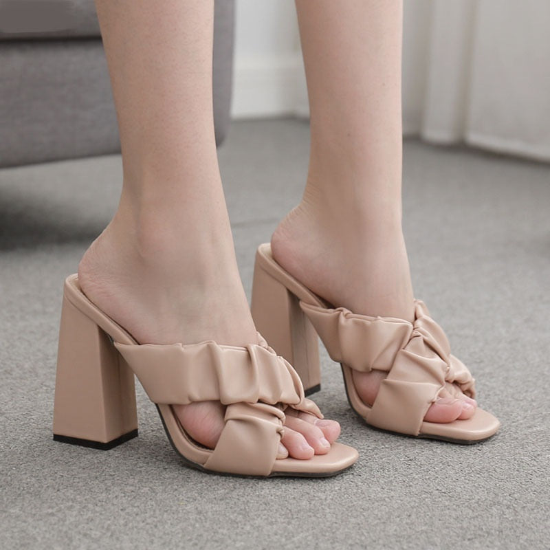 Luvéra Mode Plissee Kreuz Gürtel Dicke Ferse High Heel Große Größe Sandalen Und Frauenschuhe
