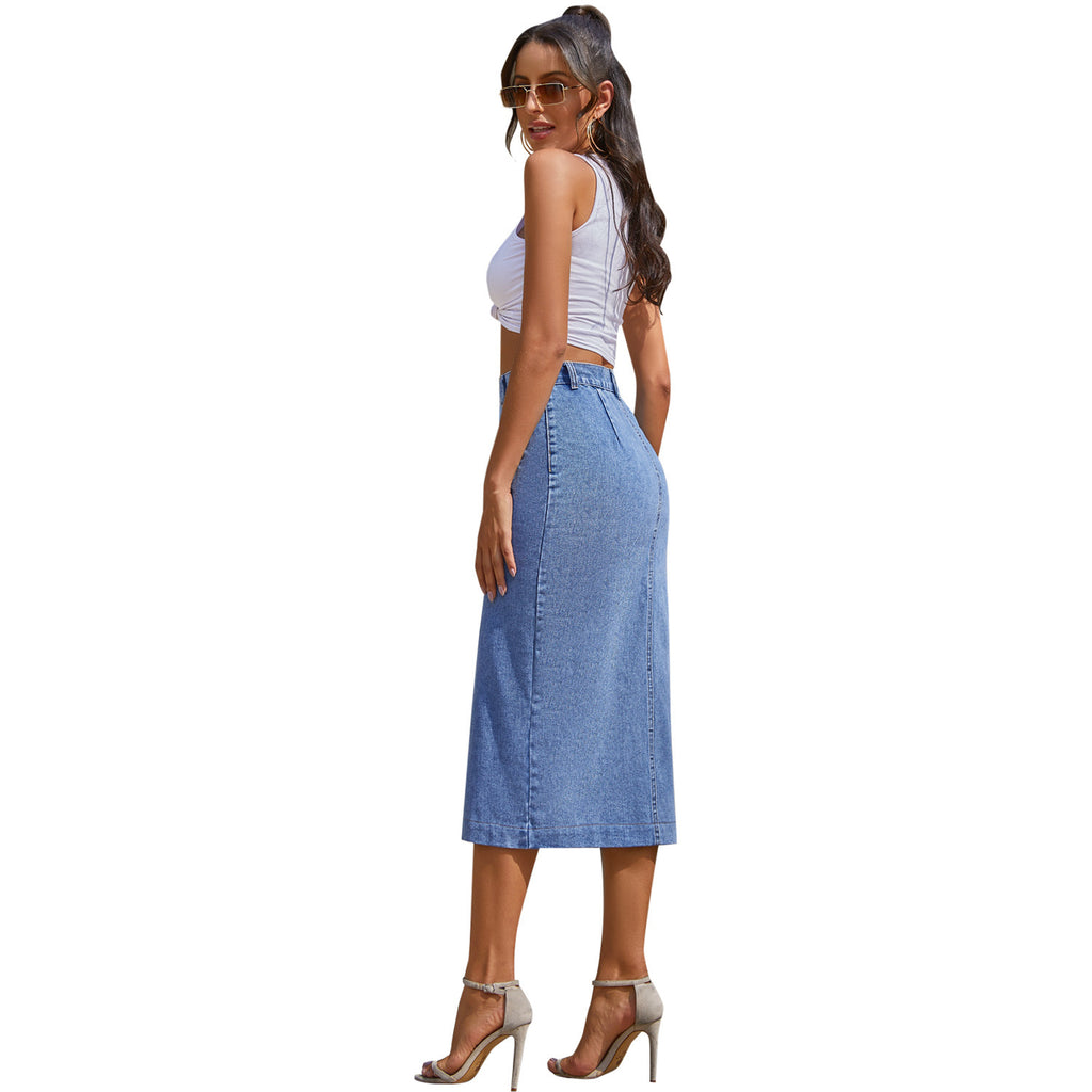 Luvéra Jeansrock mit hoher Taille und unregelmäßigem Schlitz mit Knöpfen