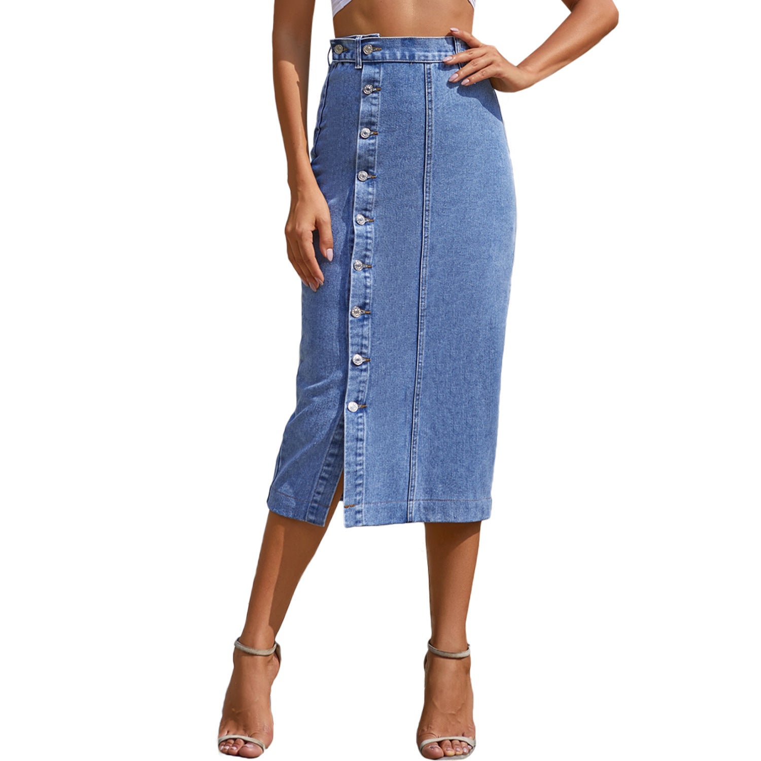Luvéra Jeansrock mit hoher Taille und unregelmäßigem Schlitz mit Knöpfen