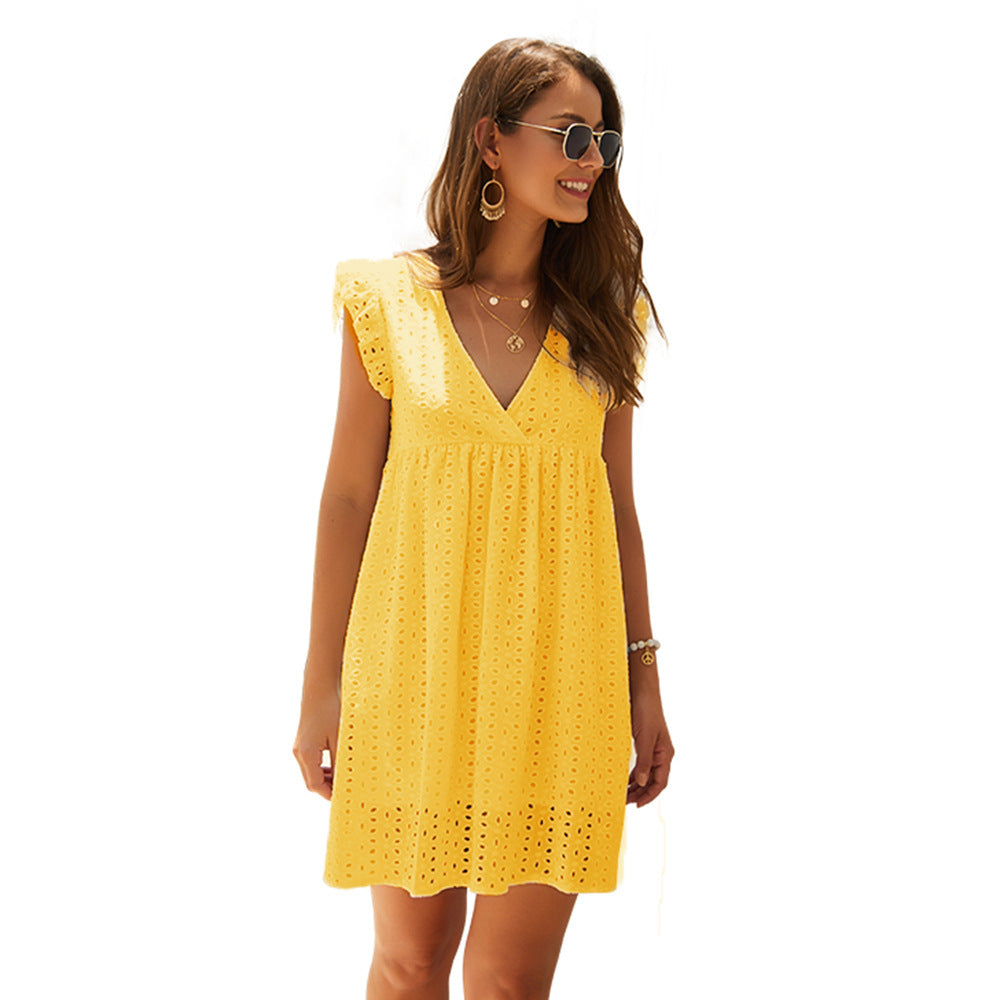 Luvéra Sommer V-Ausschnitt Baumwolle Kurzer Rock Einfarbig Kleid