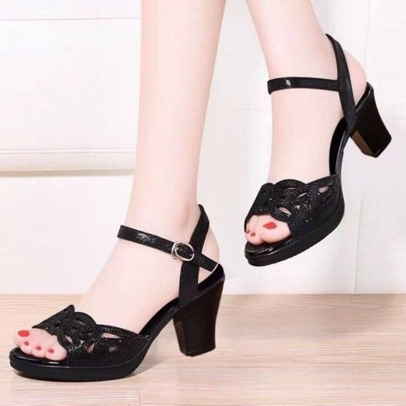 Luvéra Mid-Heel Fisch Mund Weiche Sohle Mutter Schuhe Strass High Heels