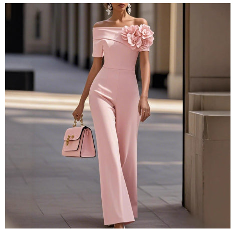 Luvéra Schulterfreier Damen Jumpsuit mit 3D-Blumen - Elegantes Wide-Leg Overall
