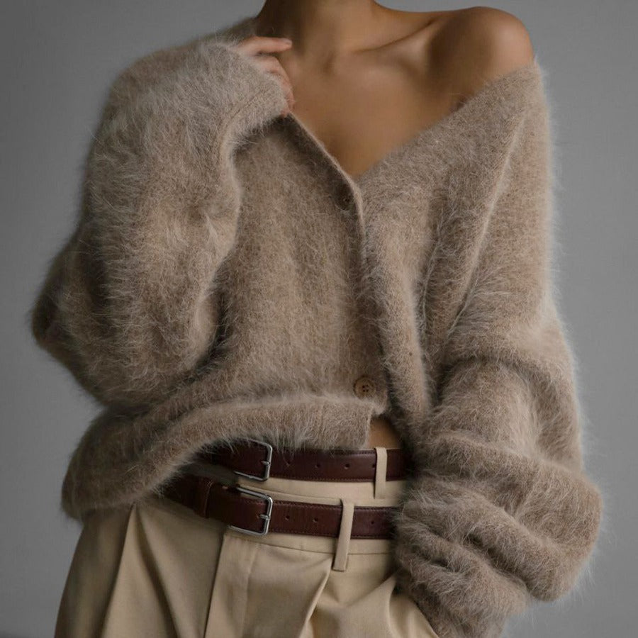 Luvéra Lose V-Ausschnitt Knopf Strickjacke Herbst Winter Mode Einreihig Gestrickt Pullover Top Damen Kleidung