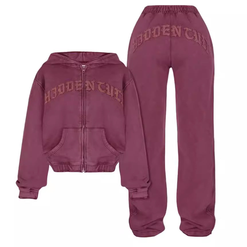 Luvéra Sport Anzug Zip-up Hooded Cropped Sweatshirt Top Und Lose Kordelzug Hosen Mode Frauen Kleidung