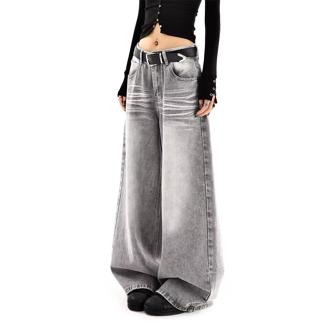 Luvéra Bestickte Hohe Taille Breites Bein Denim Jeans Für Frauen Vintage Gerade Bein Hosen