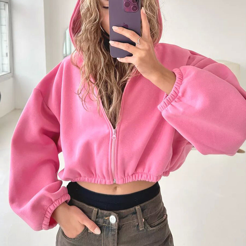 Luvéra Casual Einfarbig Mit Kapuze Kurze Jacke Y2K Mode Sport Sweatshirt Langarm Zip Up Strickjacke Hoodies frauen Kleidung