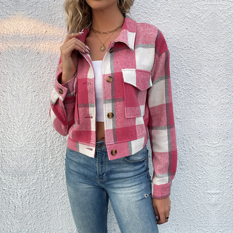 Luvéra Plaid Revers Cropped Jacke Mit Taschen Mode Knopf Langarm Kurze Outwear Tops Mantel Für Frauen Kleidung