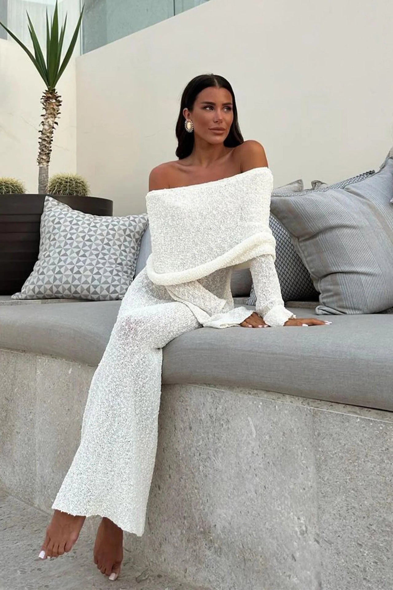 Luvéra Französisch-Stil Ein-Schulter-Strickkleid Mode Party Strand Langarm Lange Kleider Herbst Wainter Damenbekleidung