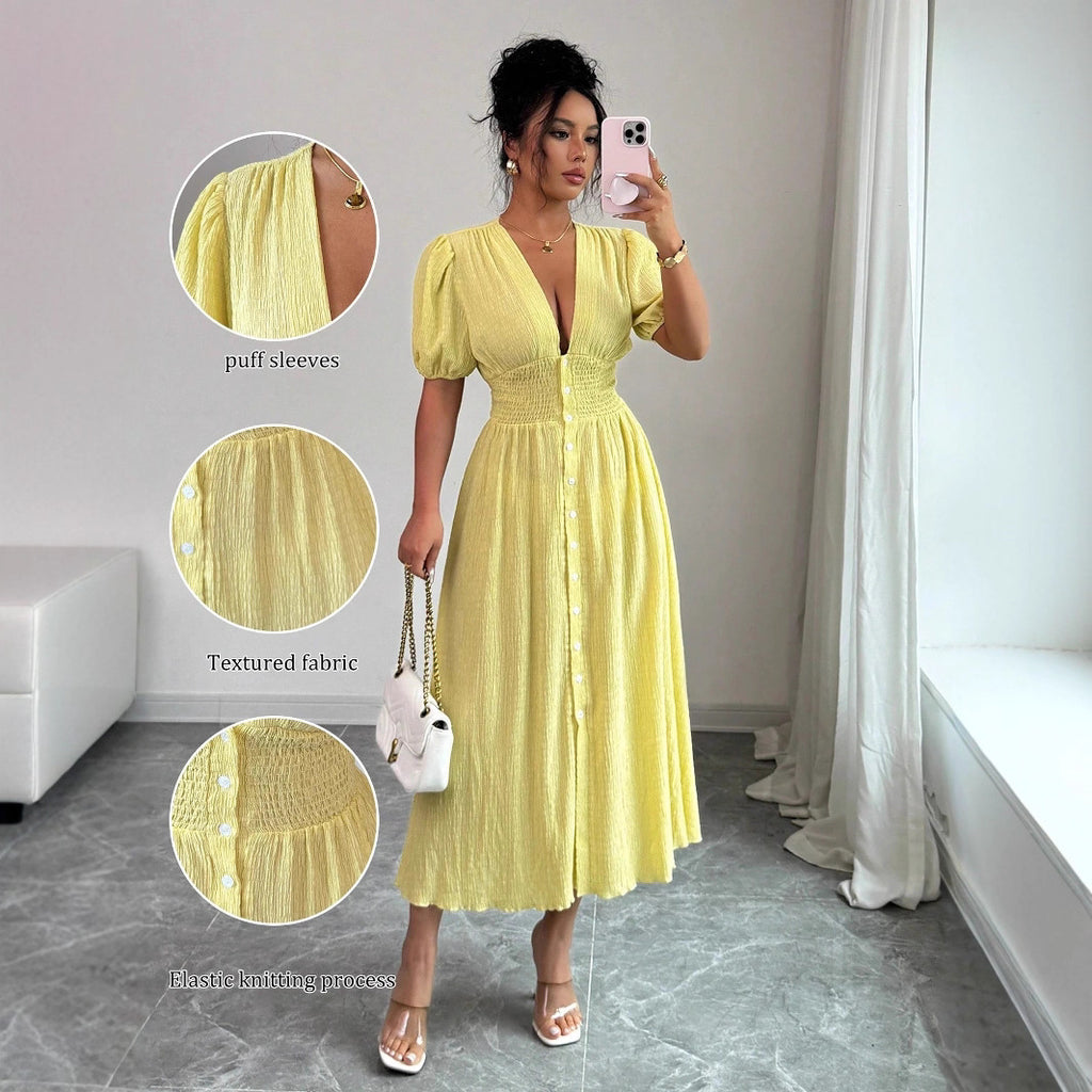 Luvéra Elegantes V-Ausschnitt Midikleid mit Puffärmeln stilvolles Damenkleid in A Linie