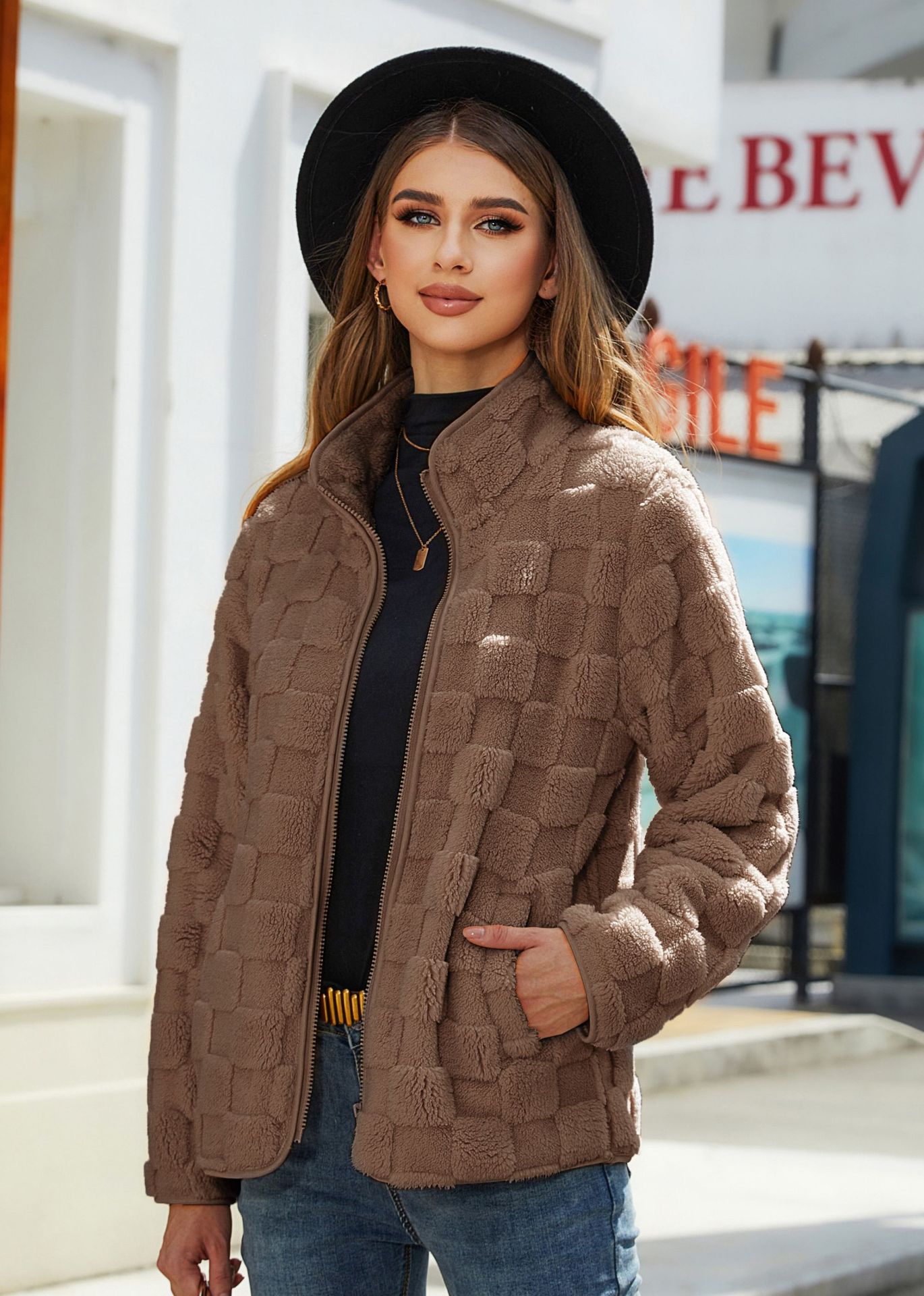 Luvéra Stand-up Kragen Plüsch Jacke Winter Langarm Lose Reißverschluss Strickjacke Mode Einfarbig Schachbrett Design Mantel Frauen Outwear