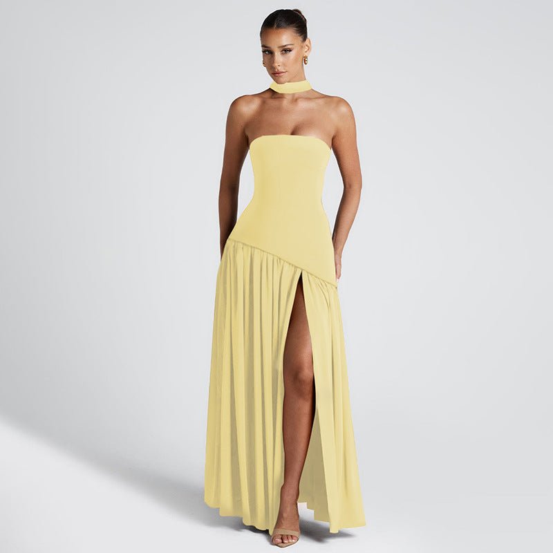 Luvéra Pure Color Split Rückenfrei Elegantes Streamer Kleid