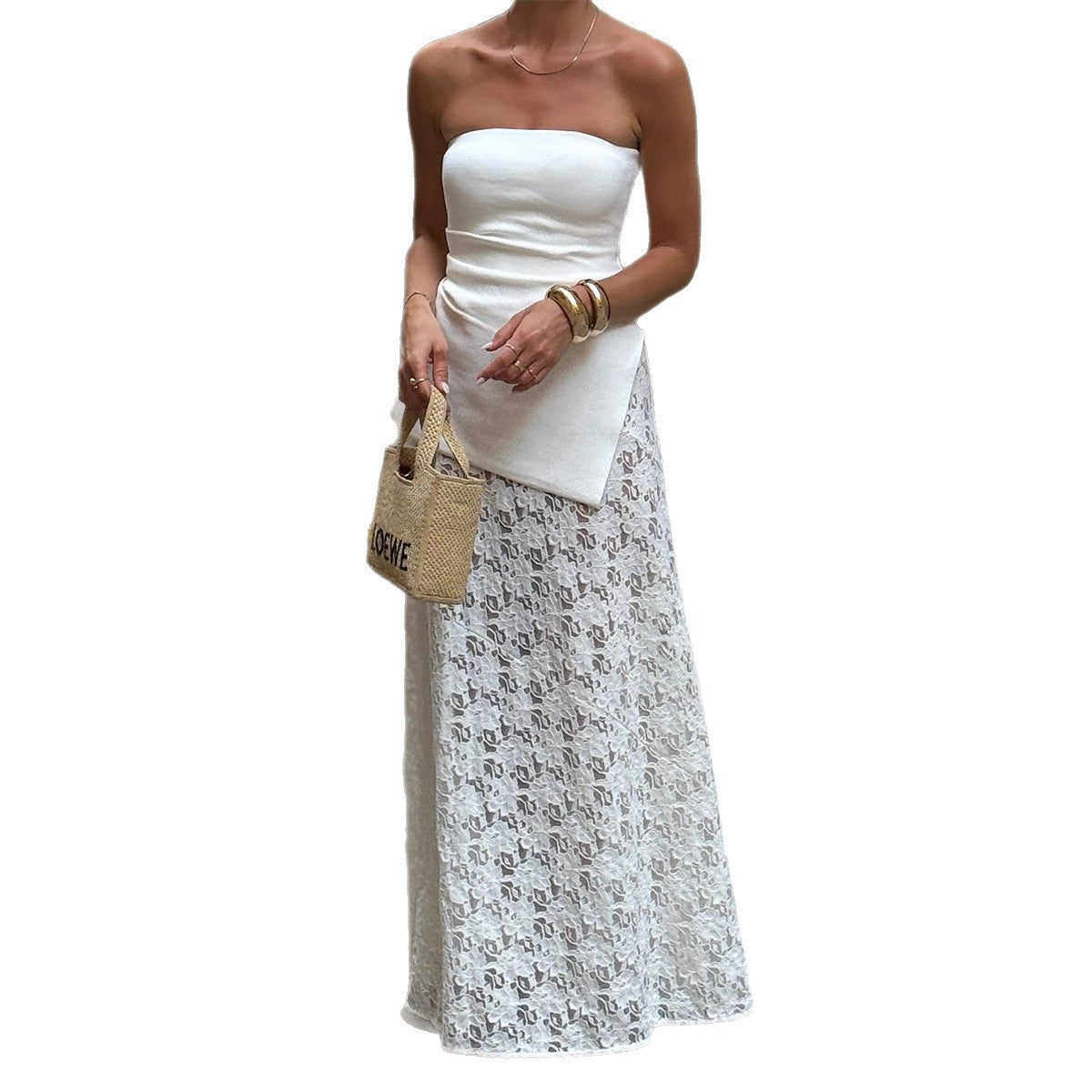 Luvéra Weißer Spitzenrock aus Jacquard mit niedriger niedriger Waille