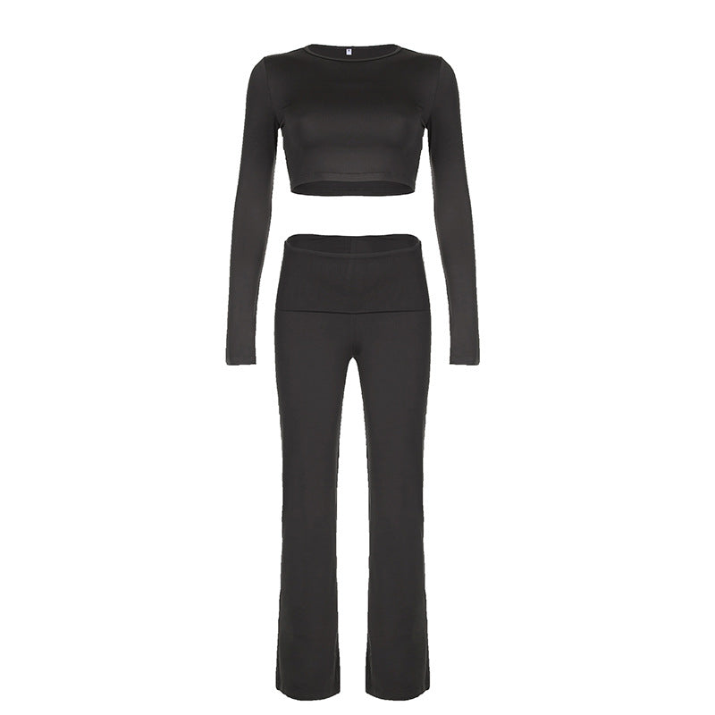 Luvéra Sport Einfarbig Rundhals Kurz Top Bootcut Hosen Fitness Yoga Zweiteiliges Set Für Frauen