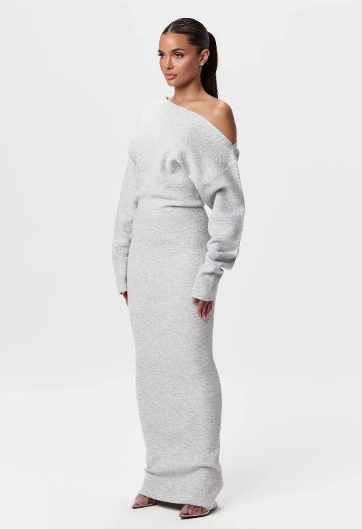 Luvéra Ins Slim Langarm Strickkleid Abendparty Sexy Off-Schulter Bodycon Lange Kleider