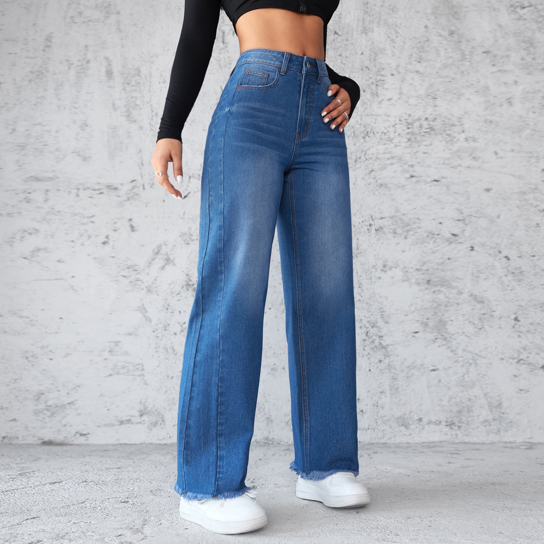 Luvéra Mode Gerade Weitbein Jeans Casual Hohe-taist Nicht-elastische Frauen Kleidung