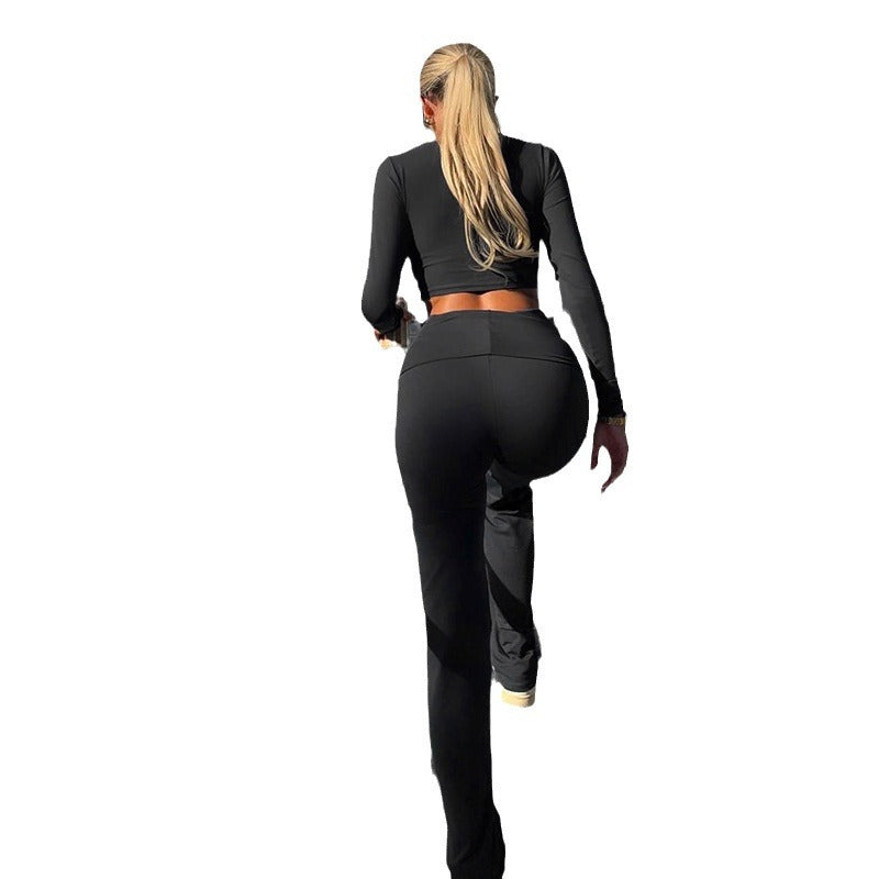 Luvéra Sport Einfarbig Rundhals Kurz Top Bootcut Hosen Fitness Yoga Zweiteiliges Set Für Frauen